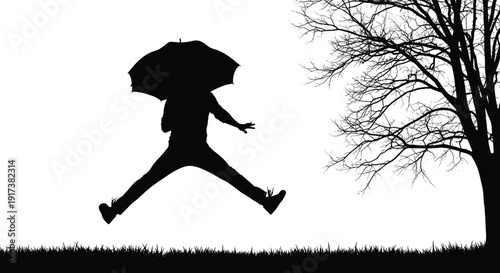 Silhouette of person jumping with umbrella, tree in background, grassy field, black figure, white sky