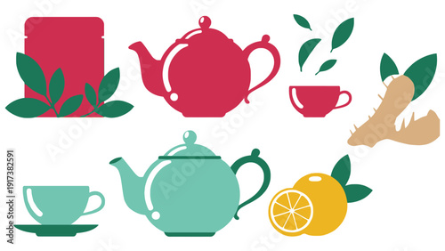 Tea icon set with various colorful illustrations and objects
