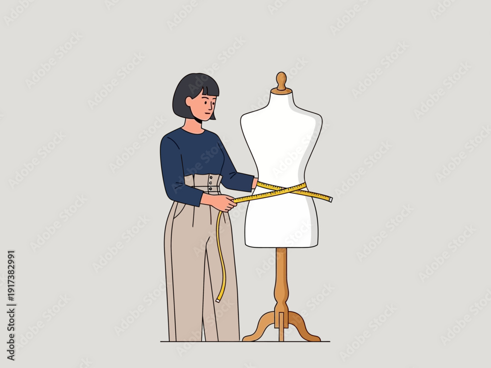 Fototapeta premium Woman measuring a dress forms waist with a yellow tape measure