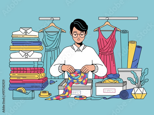 Person folding colorful fabric above boxes surrounded by stacked clothes and hanging dresses