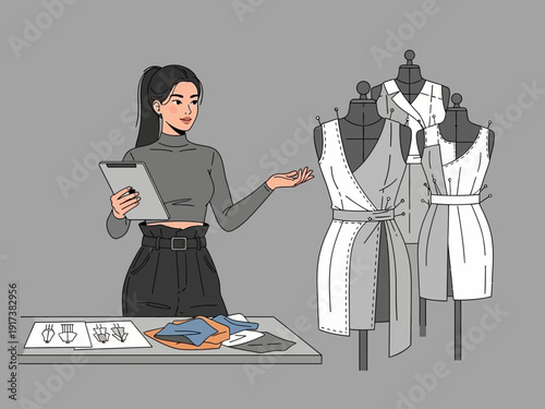 Stylized fashion designer holding a tablet next to dress forms