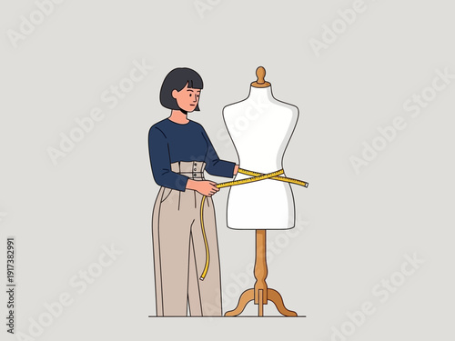 Woman measuring a dress forms waist with a yellow tape measure