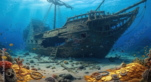Sunken pirate ship and gold treasure on ocean floor