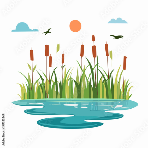 Peaceful wetland scene with cattails, birds, and a calm body of water under a sunny sky