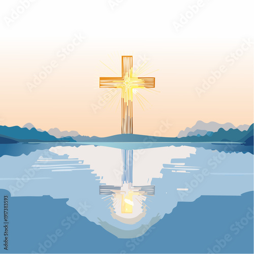 Shining Wooden Cross Reflected in Serene Water at Dawn, Symbolizing Hope and Spiritual Light