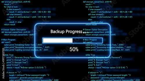 cyan glowing progress bar shows 100% percent of backup progress on a background of computer code programming. 4k animation 