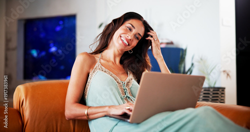 Bild auf Leinwand Relax, laptop or woman with streaming on sofa, weekend binge watching or search app for comfort series
