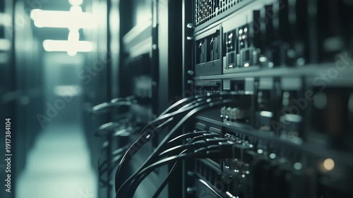 Datacenter server rack with organized ethernet and fiber cables connected to switches and ports, illustrating cloud computing, high density networking and modern it infrastructure