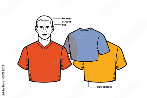 Man's head and shoulders with examples of t-shirt styles and details