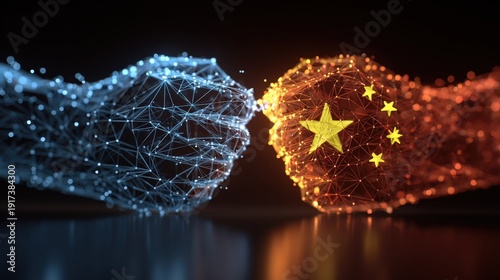 Two fists, one outlined in a network of blue lines and the other adorned with a vibrant nation's symbol, meet in a powerful clash. ..Created with Generative AI, not depicting real subjects.