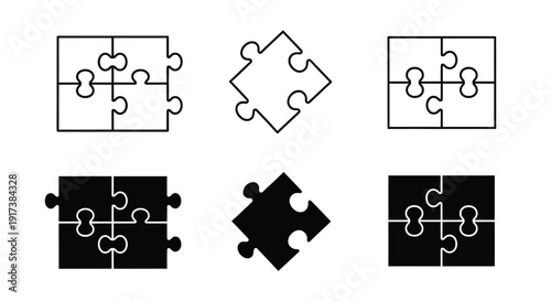 Collection of various puzzle piece icons including line art and solid black silhouettes representing connection and solutions