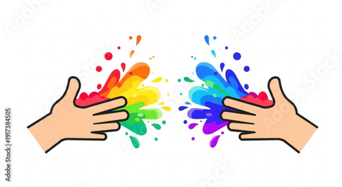 Hands releasing colorful rainbow paint splatters in creative expression and diversity concept