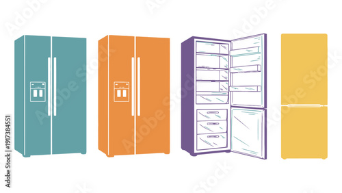 Refrigerator vector illustration set with colorful kitchen appliances