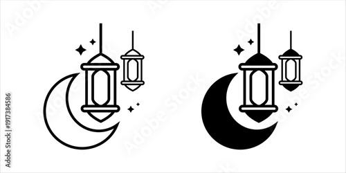 Line icon set. of crescent moon with hanging lanterns and stars, representing Ramadan celebration, Islamic holiday decoration, and spiritual night