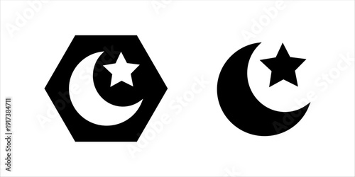 Simple line icon set. of crescent moon and star representing Islamic symbol, night sky, spirituality, and Ramadan celebration.