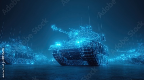 Cyberpunk armored vehicles showcase a sleek futuristic battle scene, with illuminated technology. ..Created with Generative AI, not depicting real subjects.