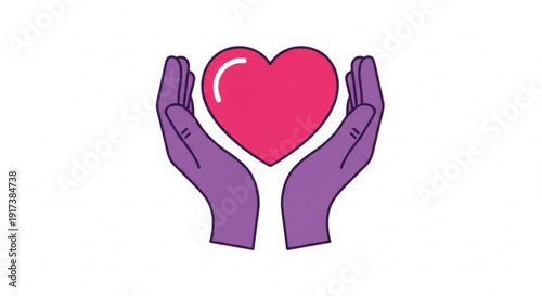 Purple hands cradling a pink heart symbol on white background representing love care and compassion in a simple modern illustration style