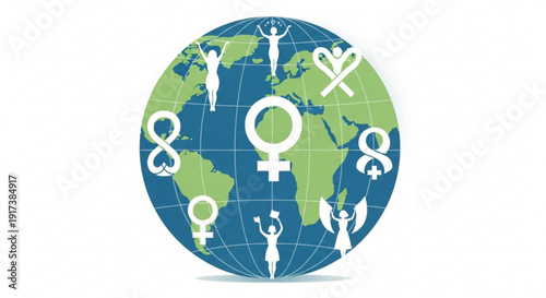 Global celebration of female empowerment and equality on a green and blue earth with white symbols