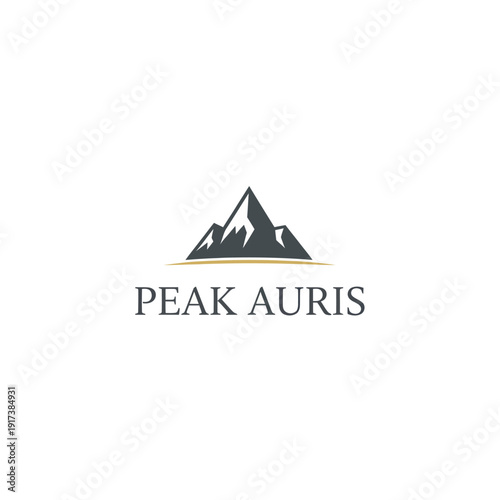 Simple mountain icon in dark tones above text, split by a thin horizontal line