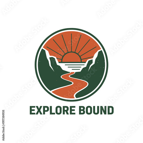 A circular design featuring a sunset over mountains and a winding river, evoking adventure