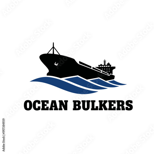 A stylized silhouette of a bulk carrier ship navigates stylized ocean waves, representing maritime trade