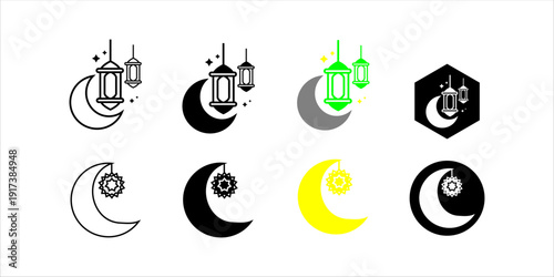 Collection of crescent moon Ramadan icons in multiple styles including outline, solid, colored, and geometric variations with mosque and lantern elements. Suitable for Islamic celebration designs.