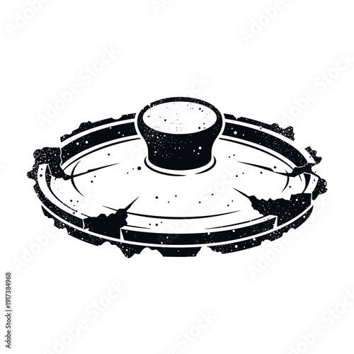 Chipped pot lid with detailed texture isolated on white background, emphasizing wear and tear, monochrome illustration