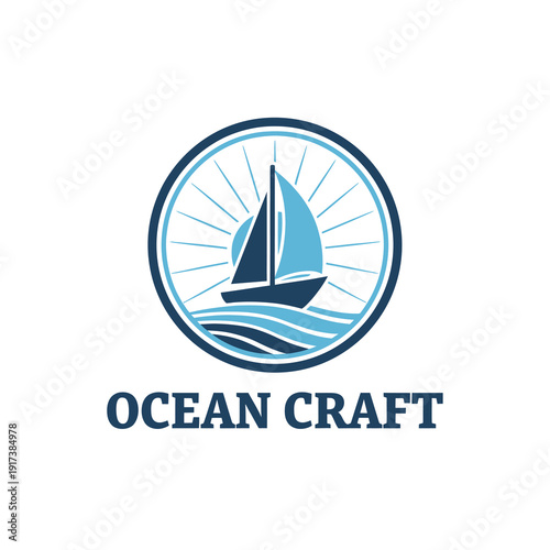 A stylized sailboat surrounded by waves and rays of sunlight, enclosed in a circular design