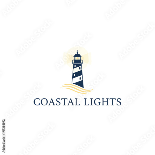 A stylized lighthouse emits guiding light, surrounded by gentle waves, symbolizing maritime safety