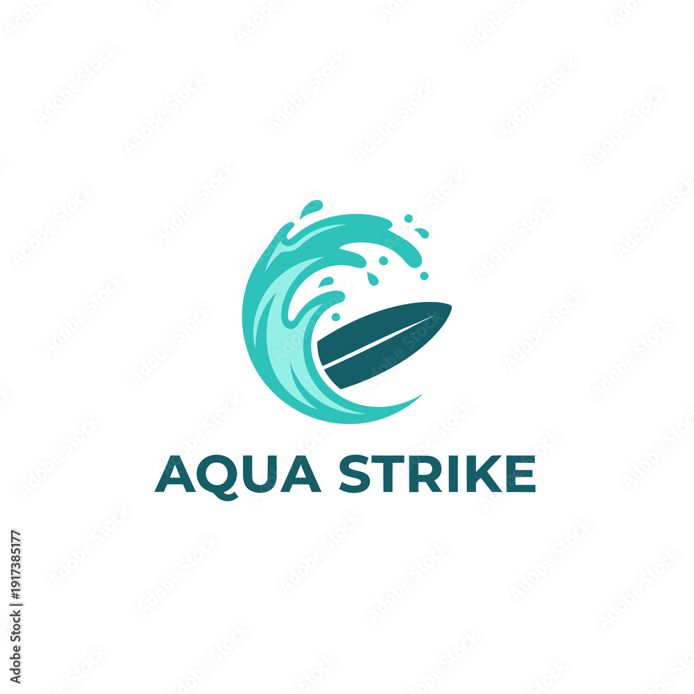 Fototapeta premium Logo featuring a stylized wave with a surfboard integrated, dynamic aqua colors, and bold text