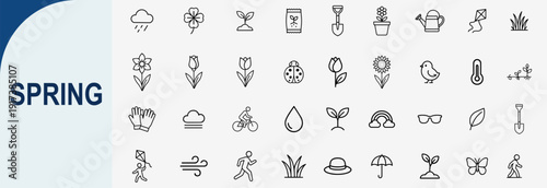 spring season nature and gardening icons, minimal outline vector set