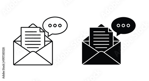 Set of simple line and solid black icons representing an open email envelope with a document emerging and an adjacent speech bubble indicating a message or notification alert