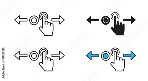 Collection of four distinct hand gesture icons illustrating the touchscreen swipe left and right navigation command for digital user interface interaction and mobile application control