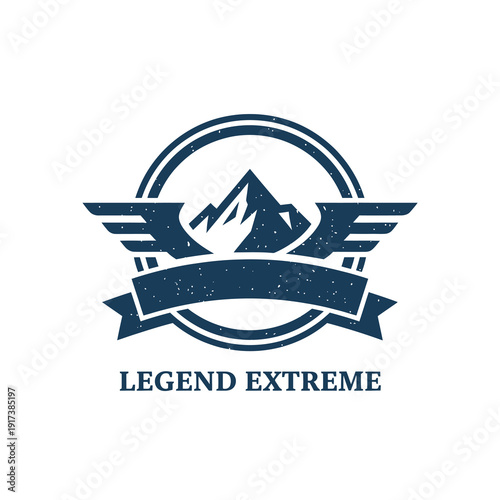 Iconic mountain crest logo with wings, circular border, banner, and bold ?Legend Extreme? text
