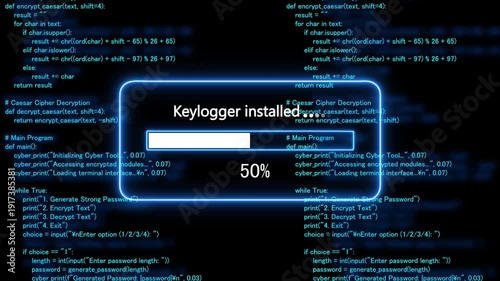 cyan glowing progress bar shows 100% percent of keylogger installed on a background of computer code programming. 4k animation 