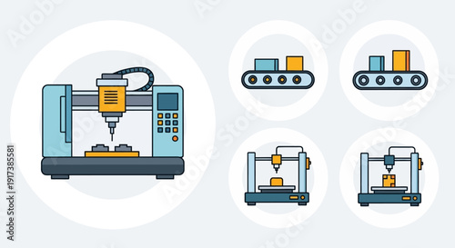 3D printing technology illustration showcasing various printer models and manufacturing processes in an industrial setting from multiple viewpoints