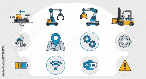 Industrial machinery and technology icons representing manufacturing and logistics processes