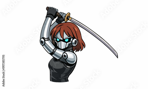 Futuristic warrior with katana cartoon illustration