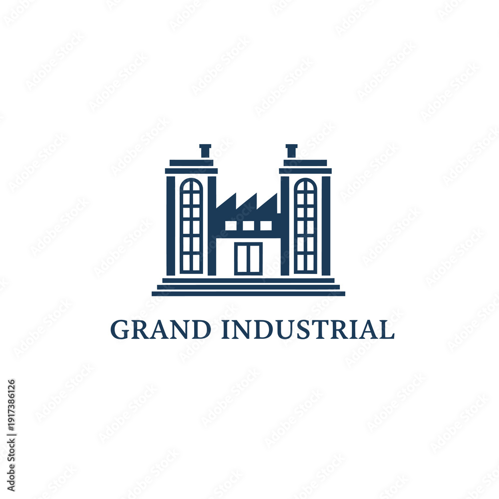 Fototapeta premium Simplified navy blue industrial factory logo with two tall chimneys, symmetrical windows, and bold text