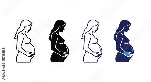 Set of four different icon styles depicting a pregnant woman gracefully holding her large belly in profile view