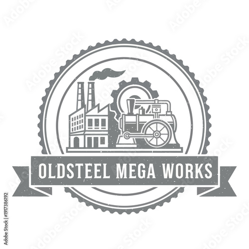 Vintage industrial emblem features a factory, steam engine, gear cog, and banner in monochrome style