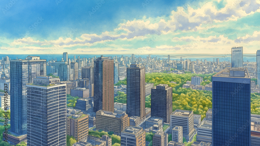 Obraz premium 高層マンションとオフィスビルが立ち並ぶ都市風景、街の景観イラスト素材、通勤や生活のイメージ、都市開発や未来感の演出、見出しを置けるコピースペース、資料表紙におすすめ