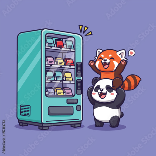 Cute Vector Panda Lifting Red Panda Cartoon Animal Vending Machine Illustration