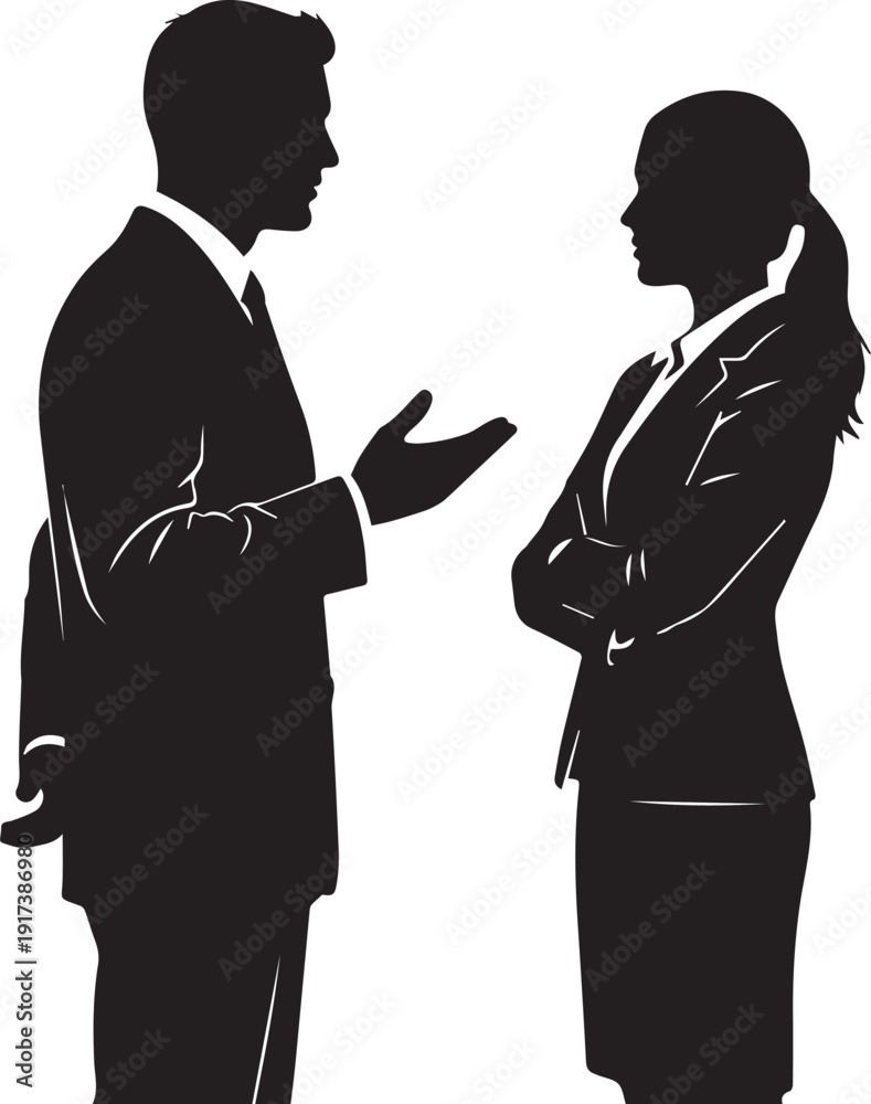 Fototapeta premium Business Man and Woman Discussing Silhouette – Professional Corporate Couple Having a Meeting, Conversation and Collaboration Flat Vector Illustration