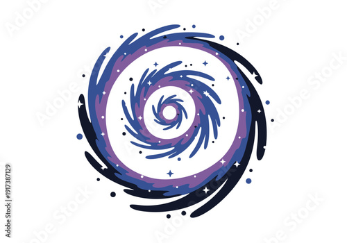 Stylized purple and blue spiral galaxy or vortex on a white background