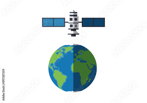 Satellite hovering above a flatstyle twotoned Earth globe