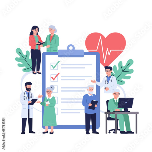 Healthcare team with patients and medical chart, heart symbol, doctor consultation, senior care