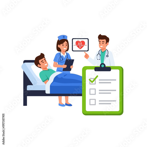 Doctor, Nurse, Patient in Hospital Bed with Medical Chart and Heart Monitor