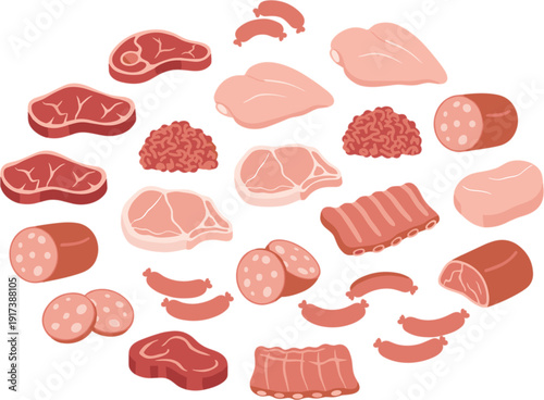 Raw meat and sausage flat vector icon set with beef pork chicken cuts for butcher shop and protein food design