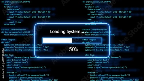 cyan glowing progress bar shows 100% percent of loading system on a background of computer code programming. 4k animation 